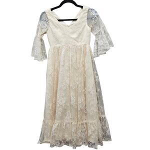 Hebos Flower Girl Dress Size 8 Ivory Cream Lace Fairy Princess A-Line Gown VTG